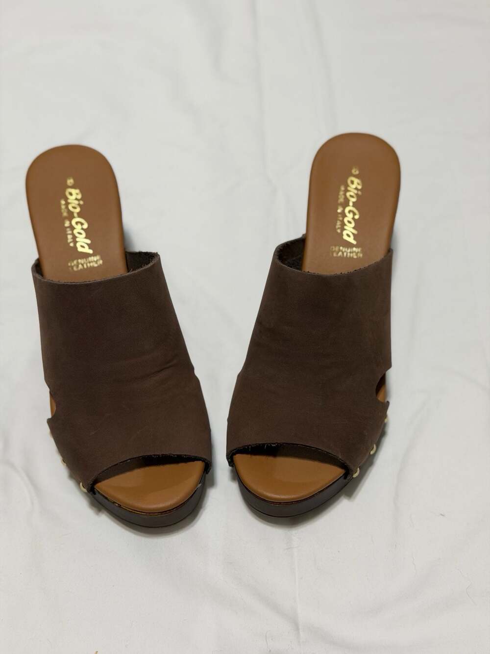 Bio-Gold Made in Italy Brown Leather Studded Platform Clogs